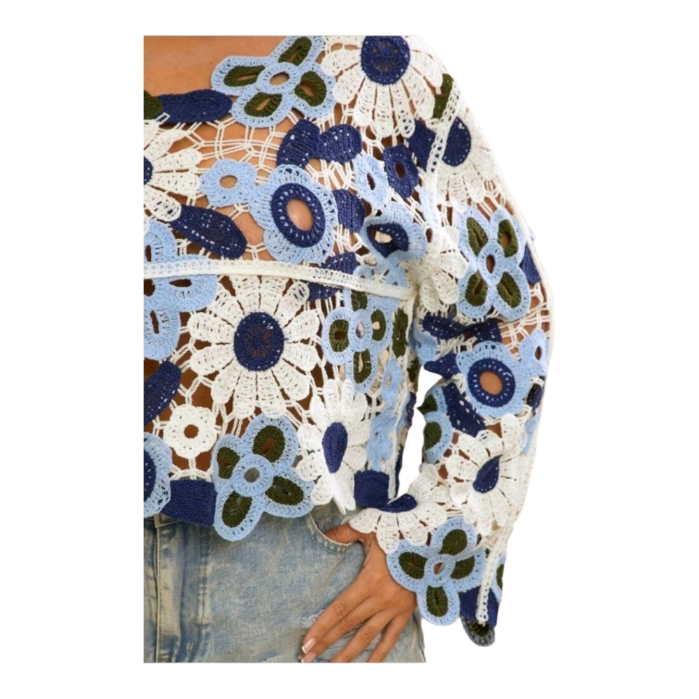 AMAZON Floral Crochet Women's Top - Blue and White - Picture 3 of 3